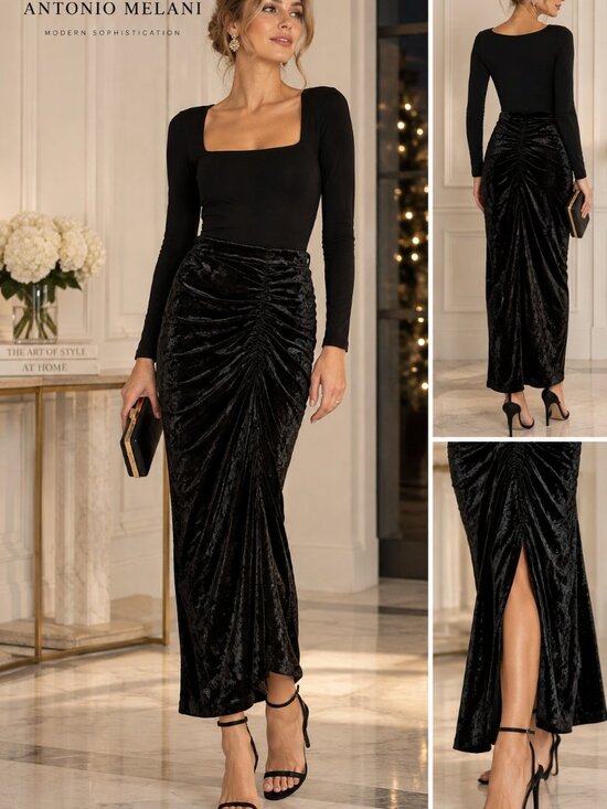 Antonio Melani Dresses & Skirts - Antonio Melani Black Crushed Velvet Side Ruched Slit Maxi Skirt – NWT Size 8